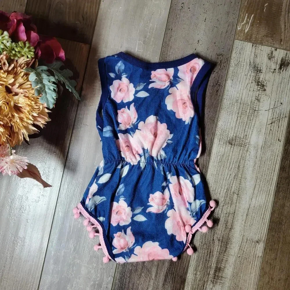 Baby Girl Blue and Pink Floral Pom Pom Trim Romper Size 3-6M